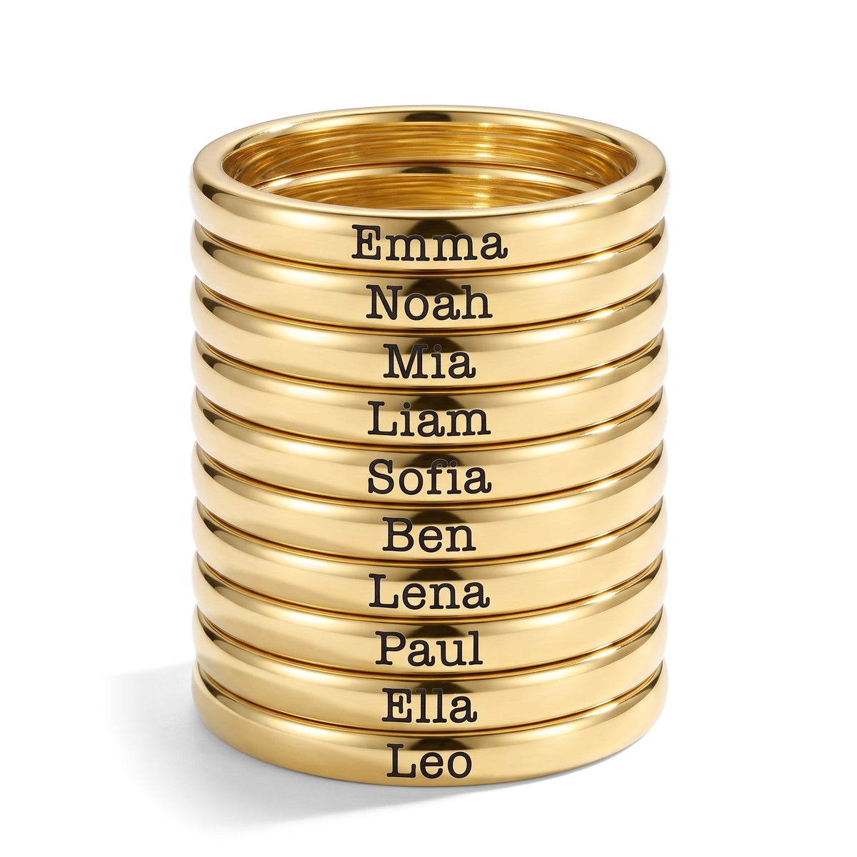 Tiny Stackable Name Ring – Gold – 10 rings stacked