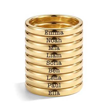 Tiny Stackable Name Ring – Gold – 9 rings stacked