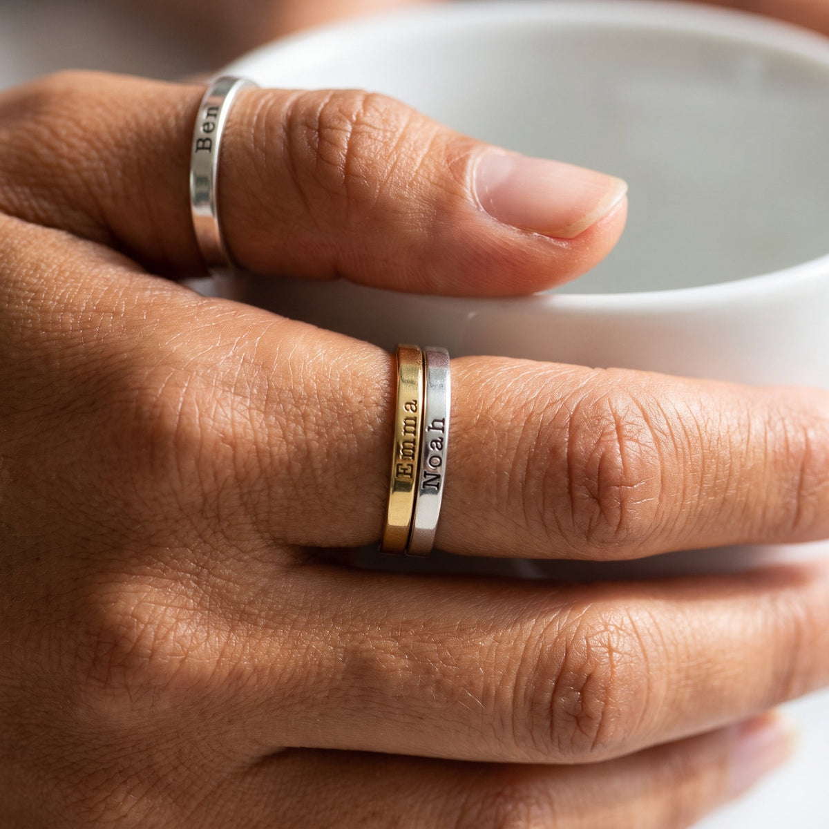 Tiny Stackable Name Ring – Gold & Silver – stacked, worn, close-up
