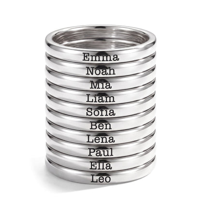Tiny Stackable Name Ring – Silver – 10 rings stacked
