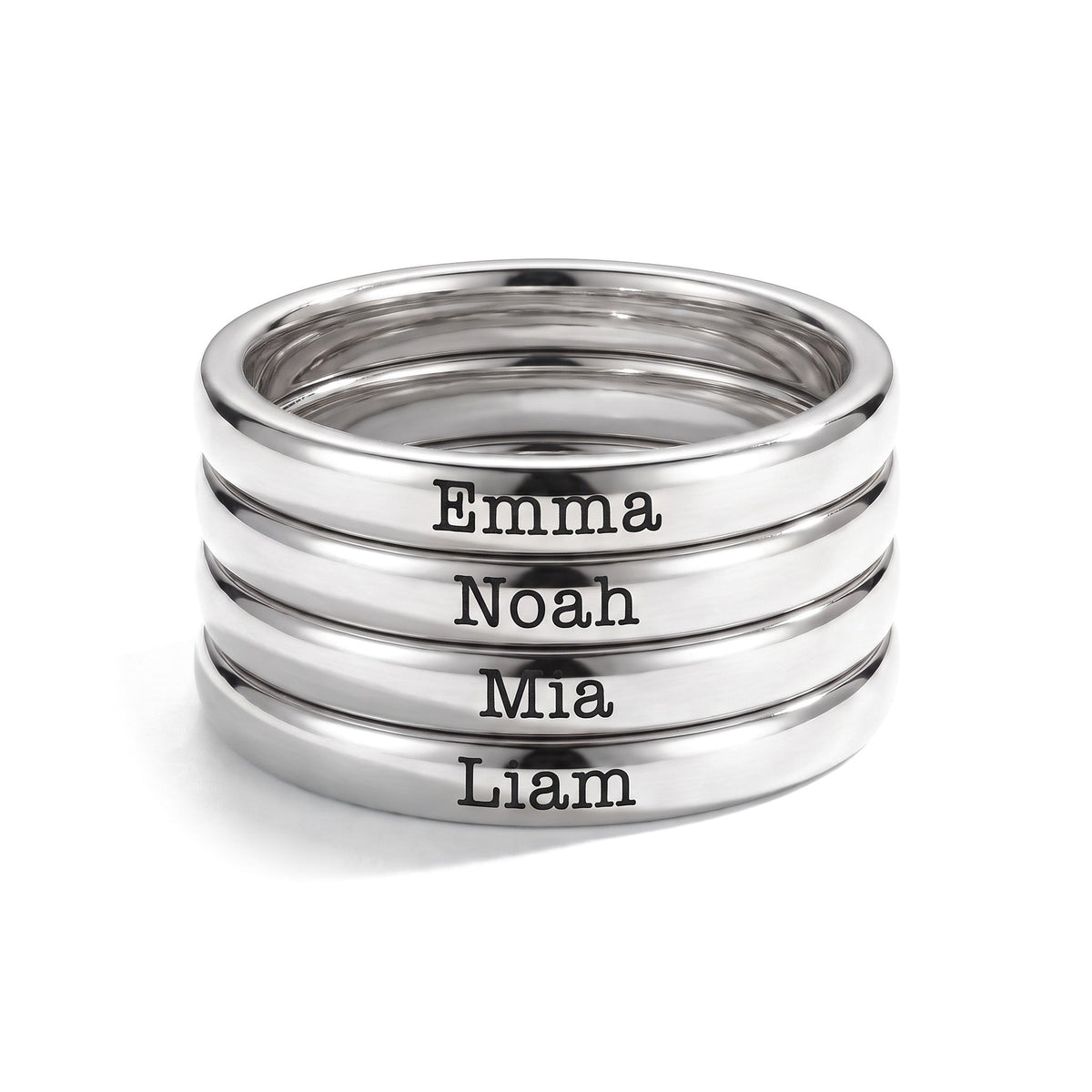 Tiny Stackable Name Ring – Silver – 4 rings stacked