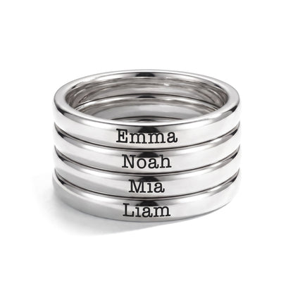 Tiny Stackable Name Ring – Silver – 4 rings stacked