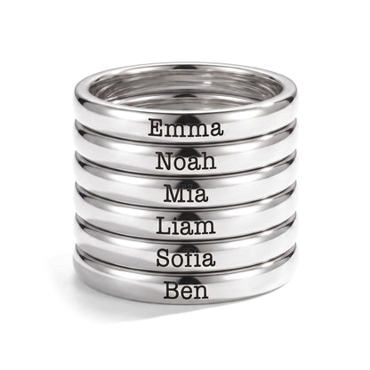 Tiny Stackable Name Ring – Silver – 6 rings stacked