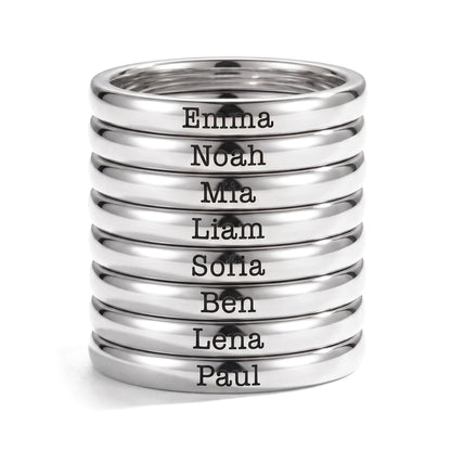 Tiny Stackable Name Ring – Silver – 8 rings stacked
