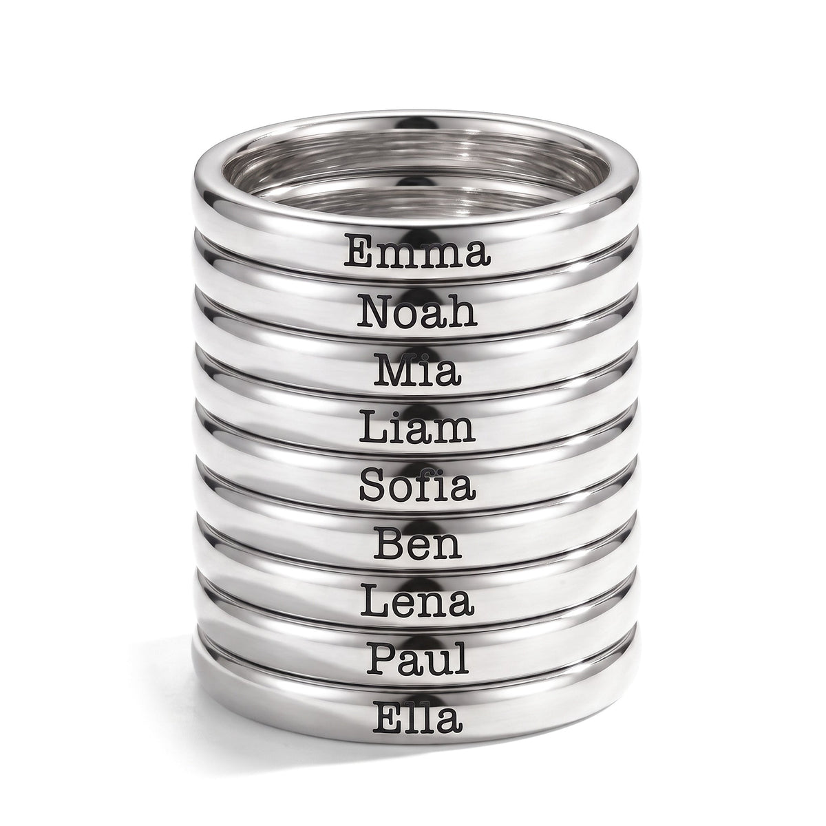 Tiny Stackable Name Ring – Silver – 9 rings stacked