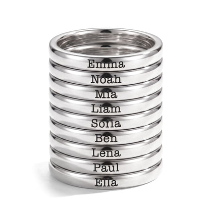 Tiny Stackable Name Ring – Silver – 9 rings stacked