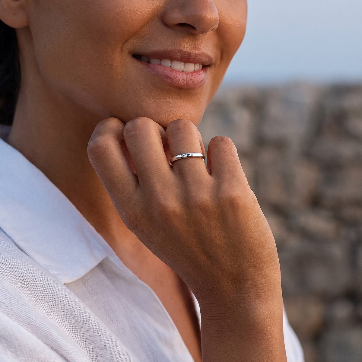Tiny Stackable Name Ring – Silver – worn