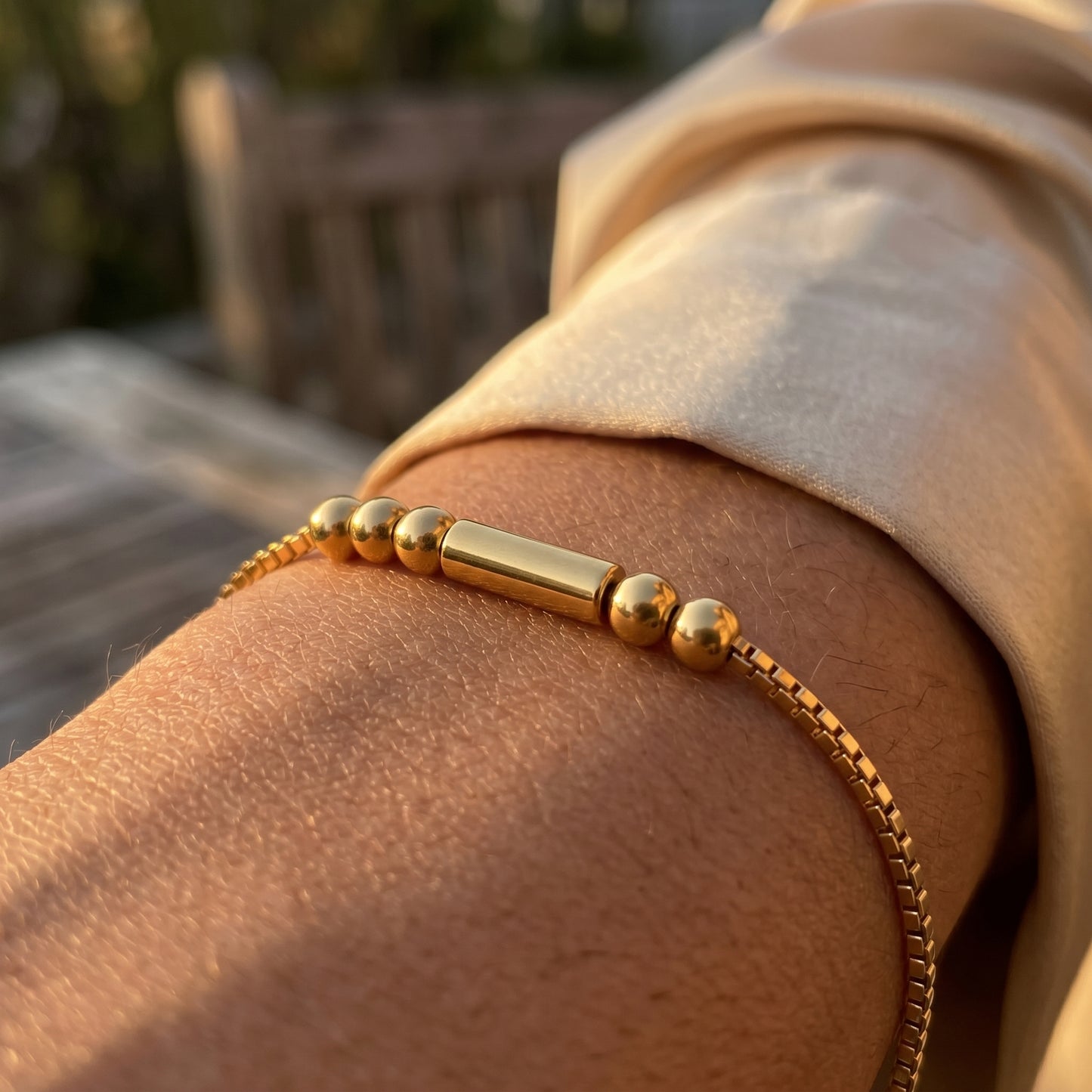 SB199 Morse Code Armband Gold - Wearing